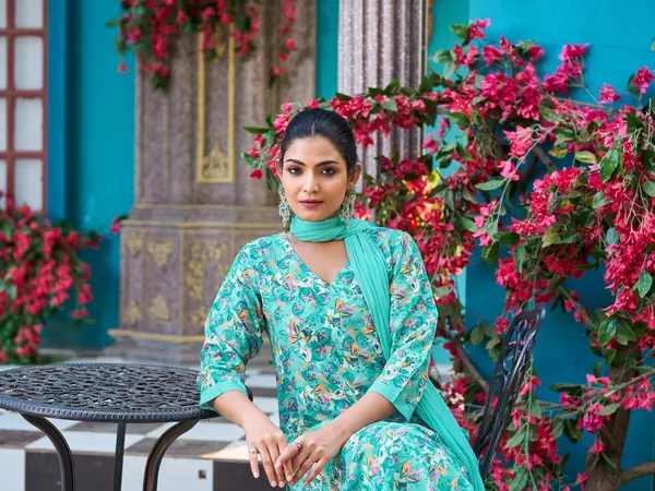 Teal_Viscose_Rayon_Straight_Calf_Length_V-Neck_Kurta_Sets_For_Women
