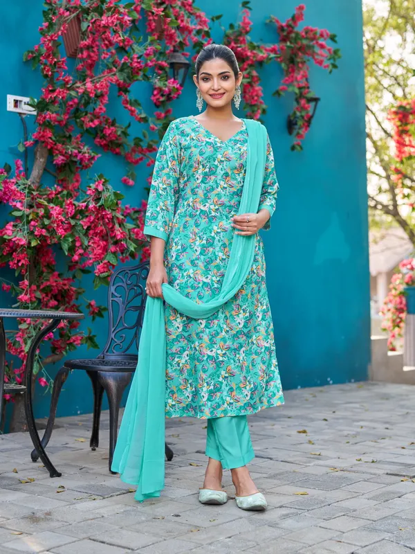 Teal_Viscose_Rayon_Straight_Calf_Length_V-Neck_Kurta_Sets_For_Women