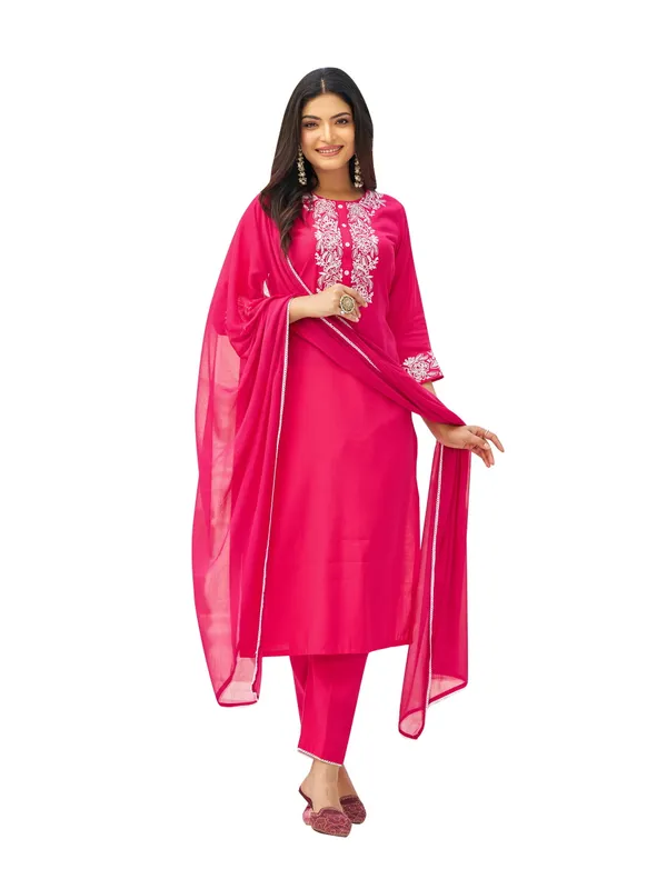 Pink_Pure_Silk_Straight_Calf_Length_Round_Neck_Kurta_Sets_For_Women