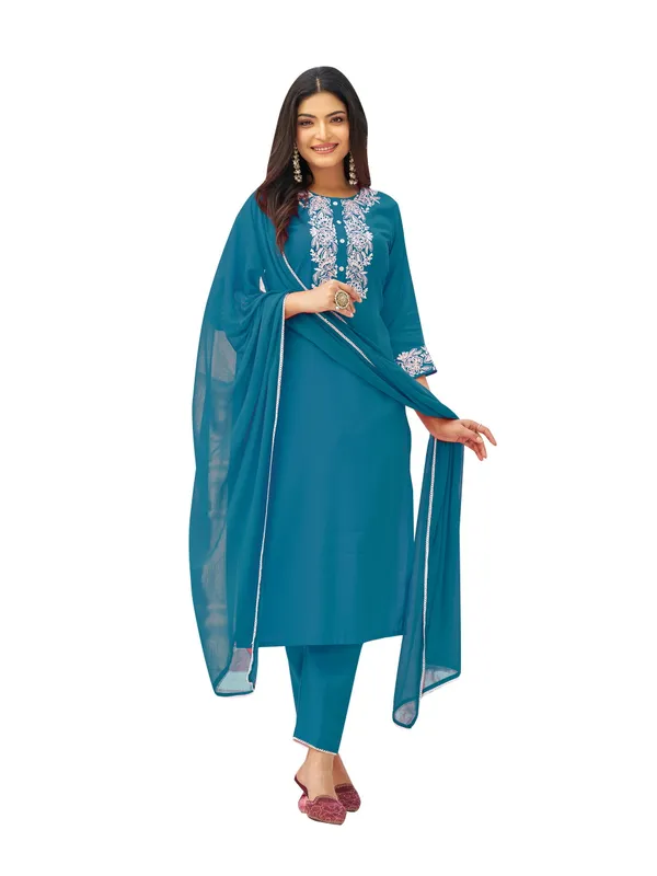 Blue_Pure_Silk_Straight_Calf_Length_Round_Neck_Kurta_Sets_For_Women