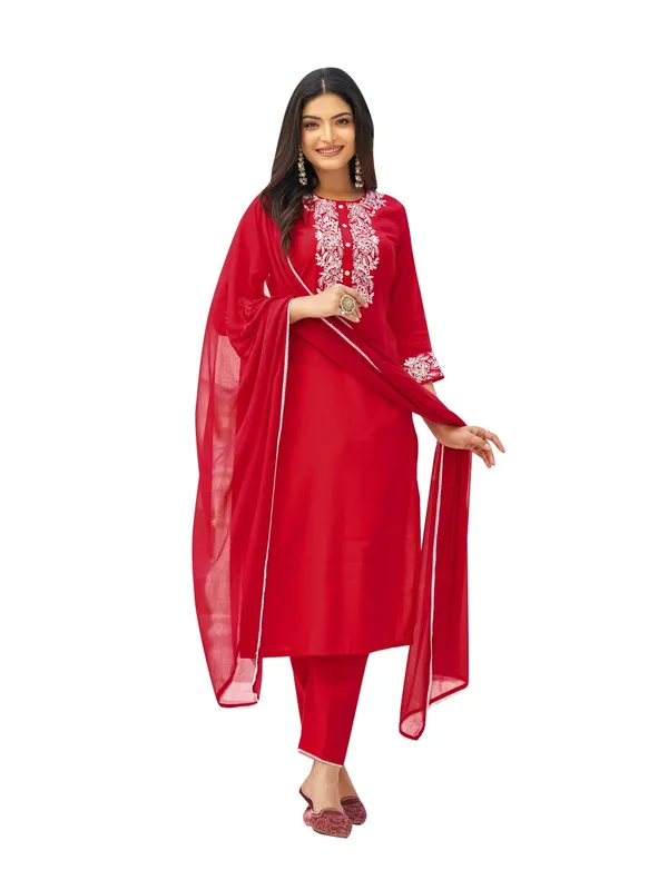 Red_Pure_Silk_Straight_Calf_Length_Round_Neck_Kurta_Sets_For_Women