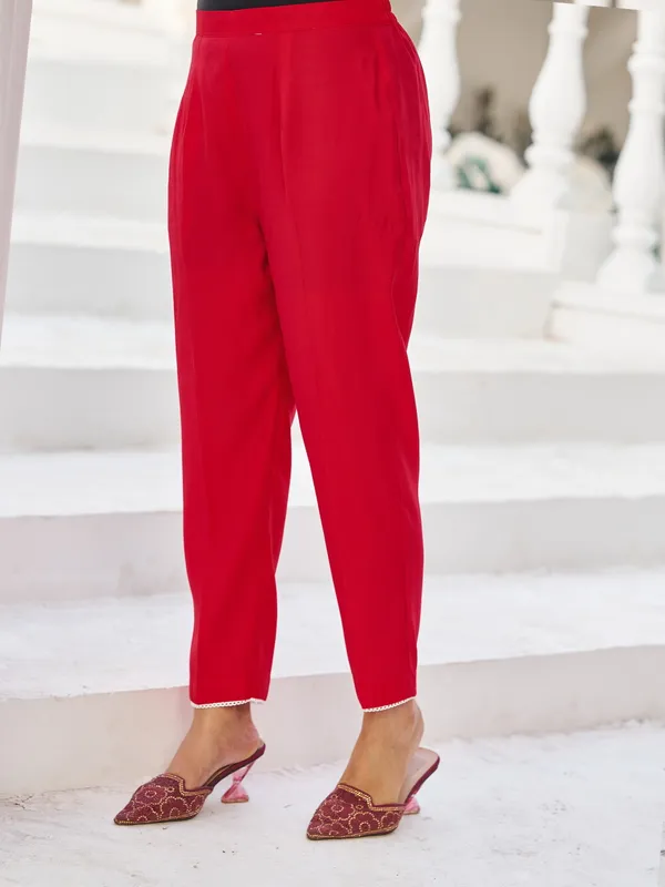 Red_Pure_Silk_Straight_Calf_Length_Round_Neck_Kurta_Sets_For_Women