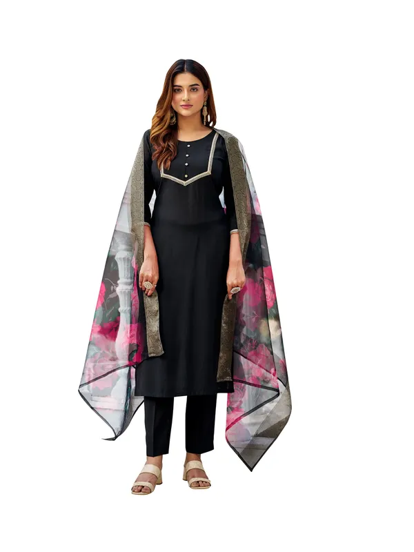 Black_Pure_Silk_Straight_Calf_Length_Round_Neck_Kurta_Sets_For_Women