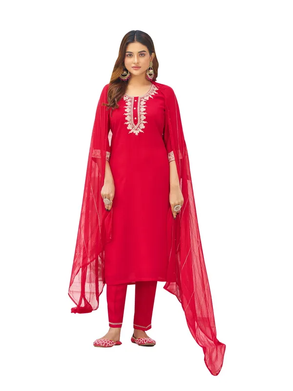 Red_Georgette_Straight_Calf_Length_Round_Neck_Kurta_Sets_For_Women