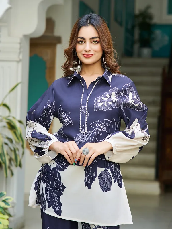 Navy_Blue_Silk_Blend_Shirt_Collar_Three-Quarter_Sleeves_Printed_Trending_Co-Ords_For_Women