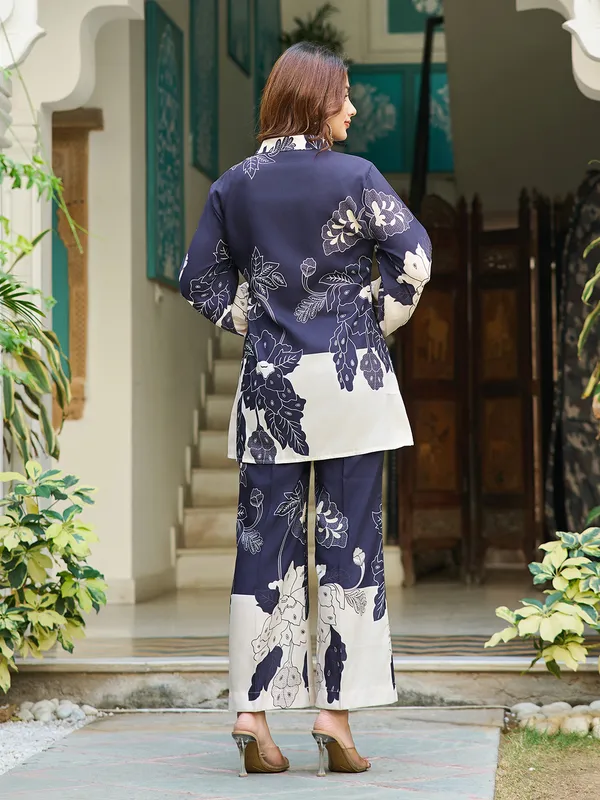 Navy_Blue_Silk_Blend_Shirt_Collar_Three-Quarter_Sleeves_Printed_Trending_Co-Ords_For_Women