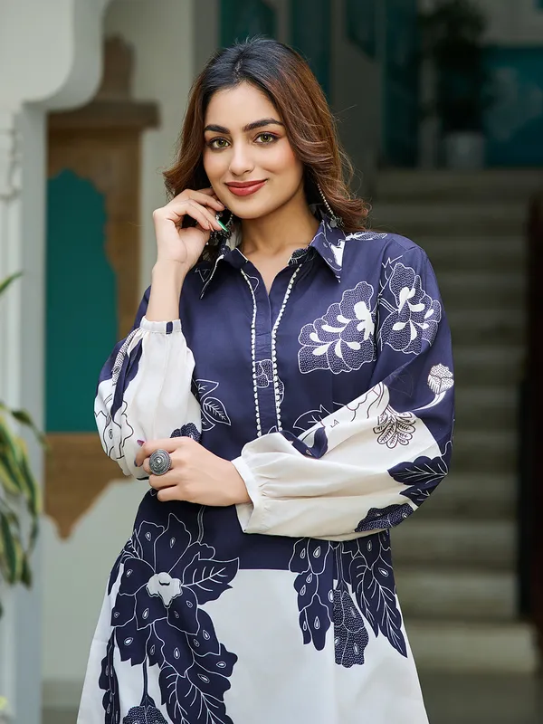 Navy_Blue_Silk_Blend_Shirt_Collar_Three-Quarter_Sleeves_Printed_Trending_Co-Ords_For_Women