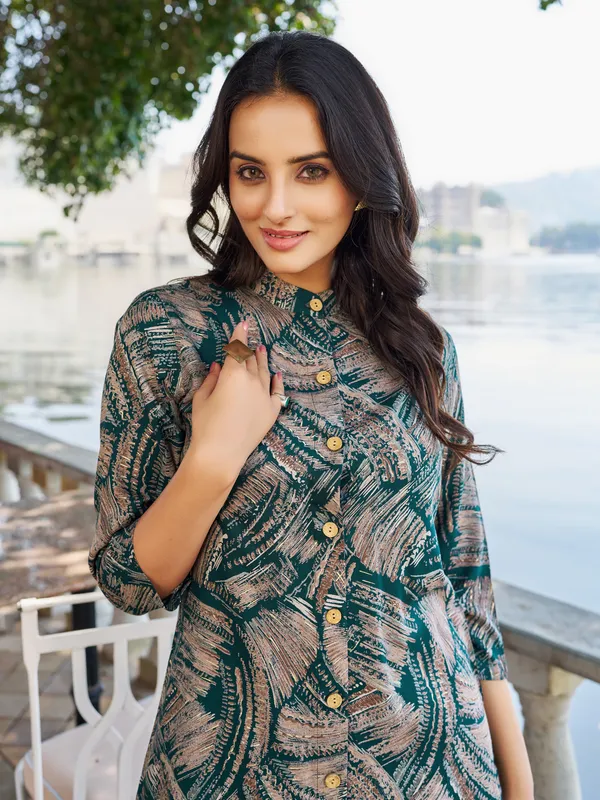 Teal_Viscose_Rayon_Mandarin_Collar_Three-Quarter_Sleeves_Printed_Co-Ords_For_Women