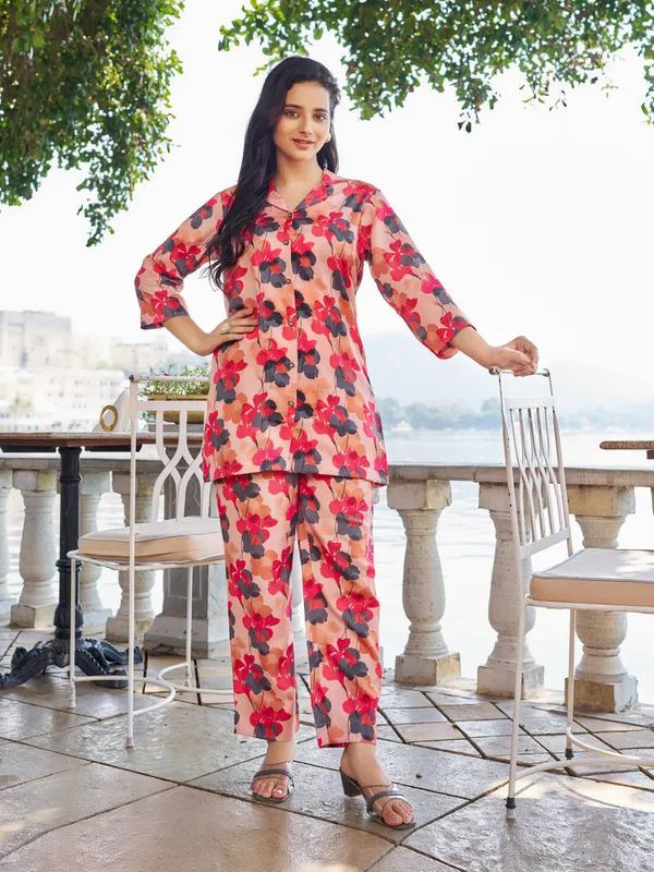 Peach_Cotton_Blend_Shirt_Collar_Three-Quarter_Sleeves_Printed_Co-Ords_For_Women