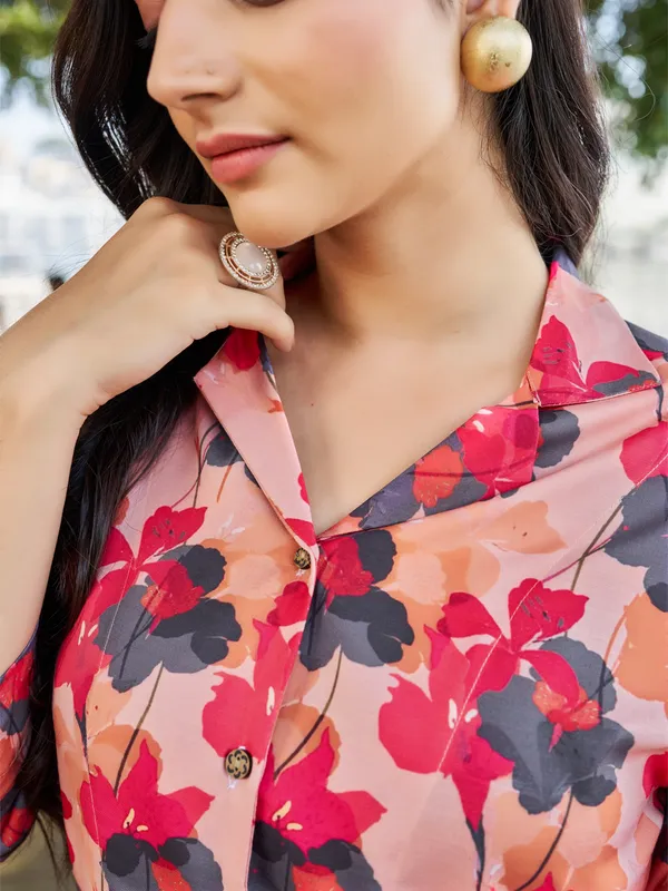 Peach_Cotton_Blend_Shirt_Collar_Three-Quarter_Sleeves_Printed_Co-Ords_For_Women
