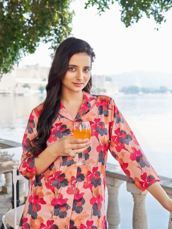 Peach_Cotton_Blend_Shirt_Collar_Three-Quarter_Sleeves_Printed_Co-Ords_For_Women