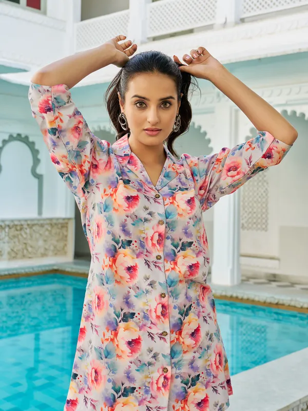 White_Cotton_Blend_Shirt_Collar_Three-Quarter_Sleeves_Printed_Co-Ords_For_Women