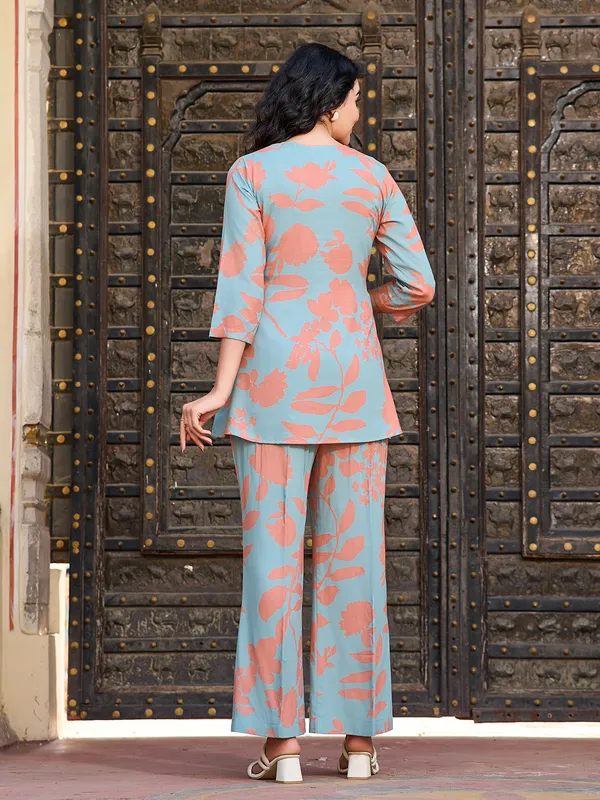 Teal_Viscose_Rayon_Round_Neck_Three-Quarter_Sleeves_Printed_Trending_Co-Ords_For_Women