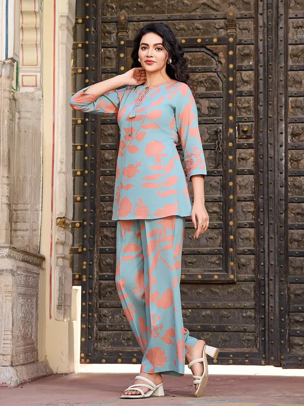 Teal_Viscose_Rayon_Round_Neck_Three-Quarter_Sleeves_Printed_Trending_Co-Ords_For_Women