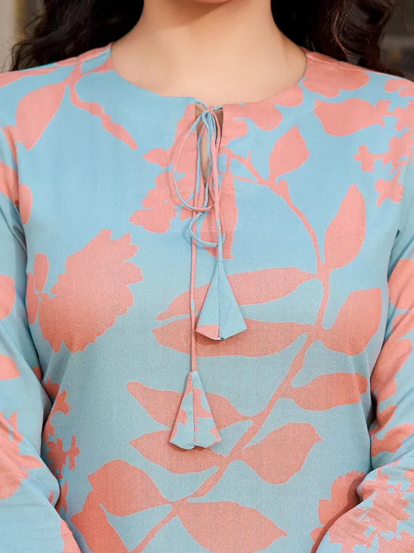 Teal_Viscose_Rayon_Round_Neck_Three-Quarter_Sleeves_Printed_Trending_Co-Ords_For_Women