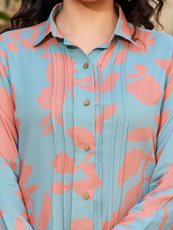 Teal_Viscose_Rayon_Shirt_Collar_Three-Quarter_Sleeves_Printed_Trending_Co-Ords_For_Women