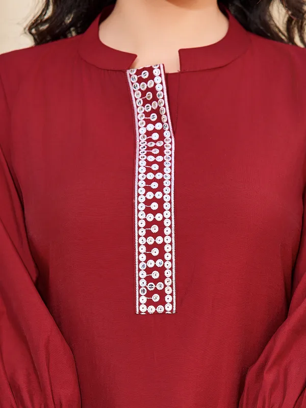 Maroon_Silk_Blend_Polo_Collar_Three-Quarter_Sleeves_Self_Design_Co-Ords_For_Women