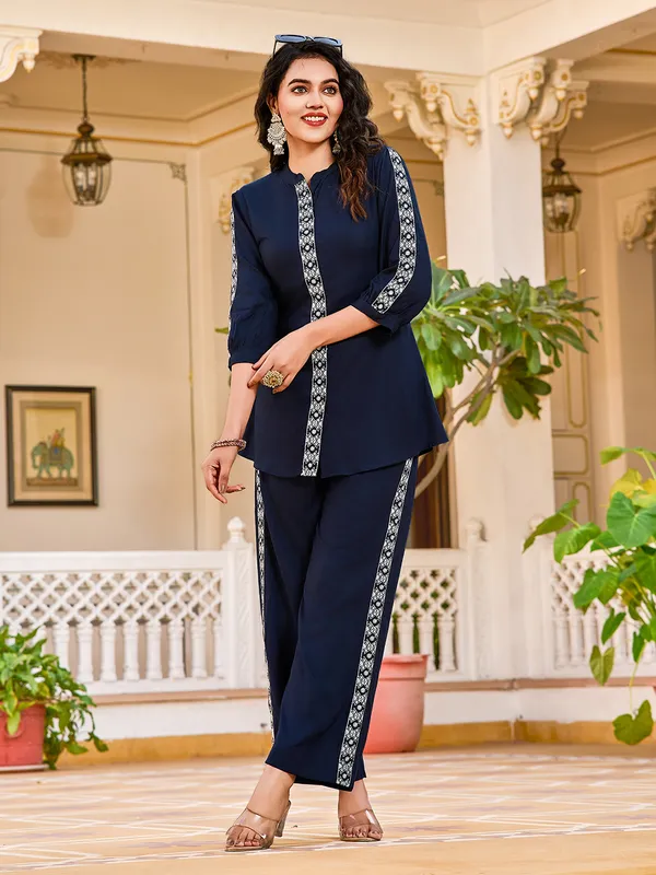 Navy_Blue_Silk_Blend_Polo_Collar_Three-Quarter_Sleeves_Embroidered_Trending_Co-Ords_For_Women
