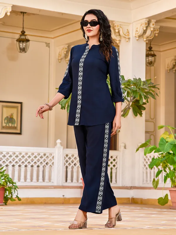 Navy_Blue_Silk_Blend_Polo_Collar_Three-Quarter_Sleeves_Embroidered_Trending_Co-Ords_For_Women