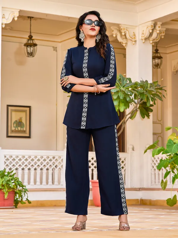Navy_Blue_Silk_Blend_Polo_Collar_Three-Quarter_Sleeves_Embroidered_Trending_Co-Ords_For_Women