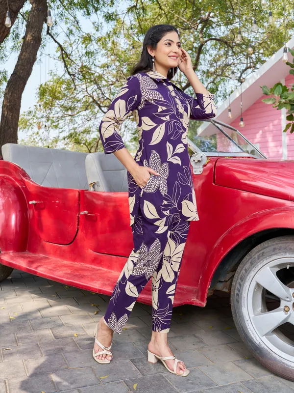 Purple_Pure_Cotton_Shirt_Collar_Three-Quarter_Sleeves_Printed_Co-Ords_For_Women