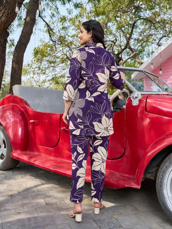 Purple_Pure_Cotton_Shirt_Collar_Three-Quarter_Sleeves_Printed_Co-Ords_For_Women