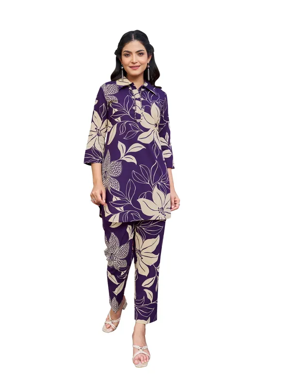 Purple_Pure_Cotton_Shirt_Collar_Three-Quarter_Sleeves_Printed_Co-Ords_For_Women