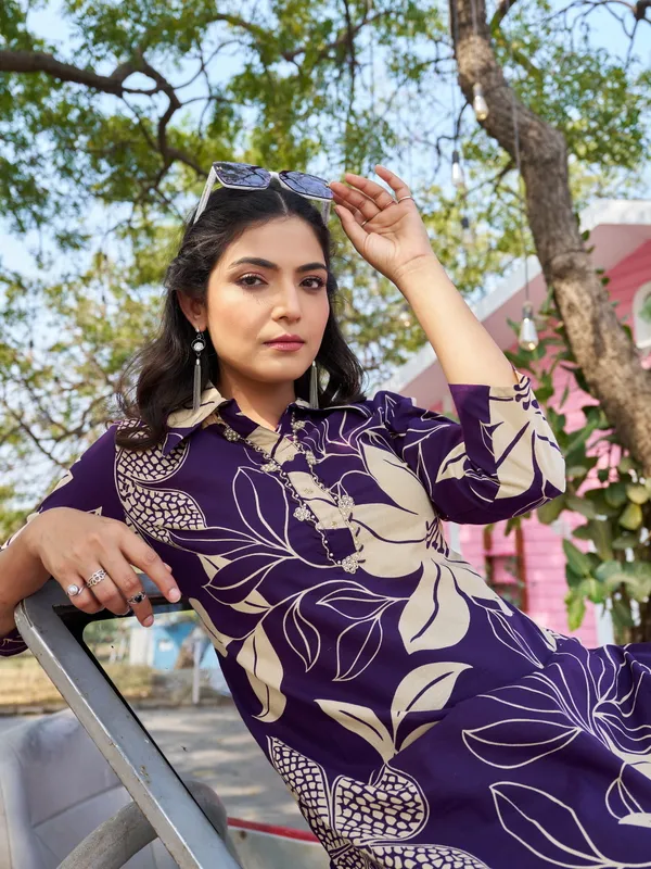 Purple_Pure_Cotton_Shirt_Collar_Three-Quarter_Sleeves_Printed_Co-Ords_For_Women
