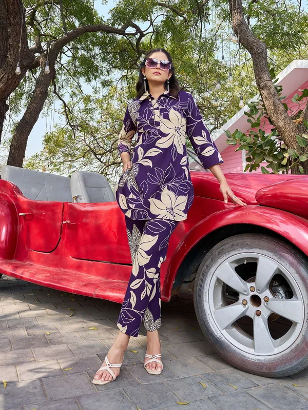 Purple_Pure_Cotton_Shirt_Collar_Three-Quarter_Sleeves_Printed_Co-Ords_For_Women