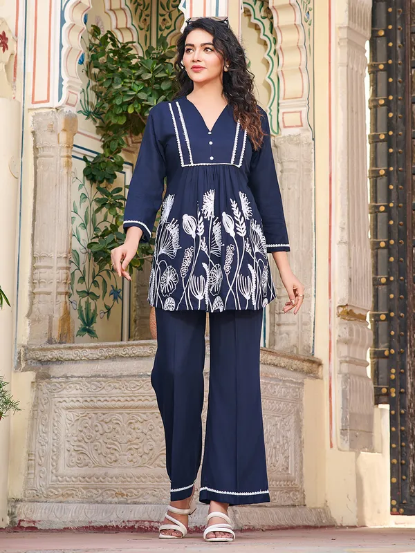 Navy_Blue_Viscose_Rayon_V-Neck_Three-Quarter_Sleeves_Embroidered_Trending_Co-Ords_For_Women