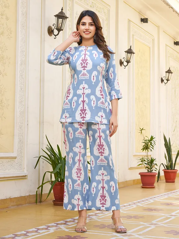 Blue_Viscose_Rayon_Round_Neck_Three-Quarter_Sleeves_Printed_Co-Ords_For_Women