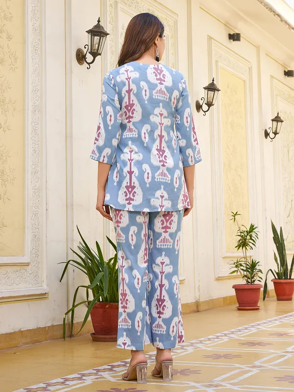 Blue_Viscose_Rayon_Round_Neck_Three-Quarter_Sleeves_Printed_Co-Ords_For_Women