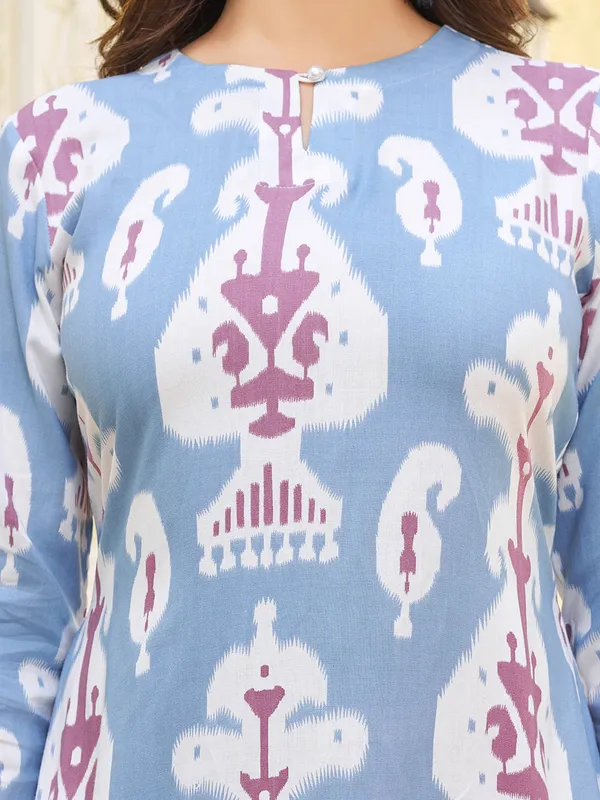 Blue_Viscose_Rayon_Round_Neck_Three-Quarter_Sleeves_Printed_Co-Ords_For_Women