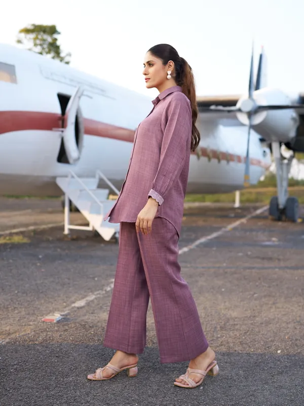 Pink_Silk_Blend_Shirt_Collar_Three-Quarter_Sleeves_Solid_Co-Ords_For_Women