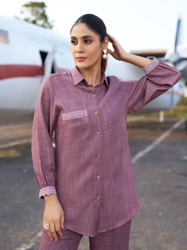 Pink_Silk_Blend_Shirt_Collar_Three-Quarter_Sleeves_Solid_Co-Ords_For_Women