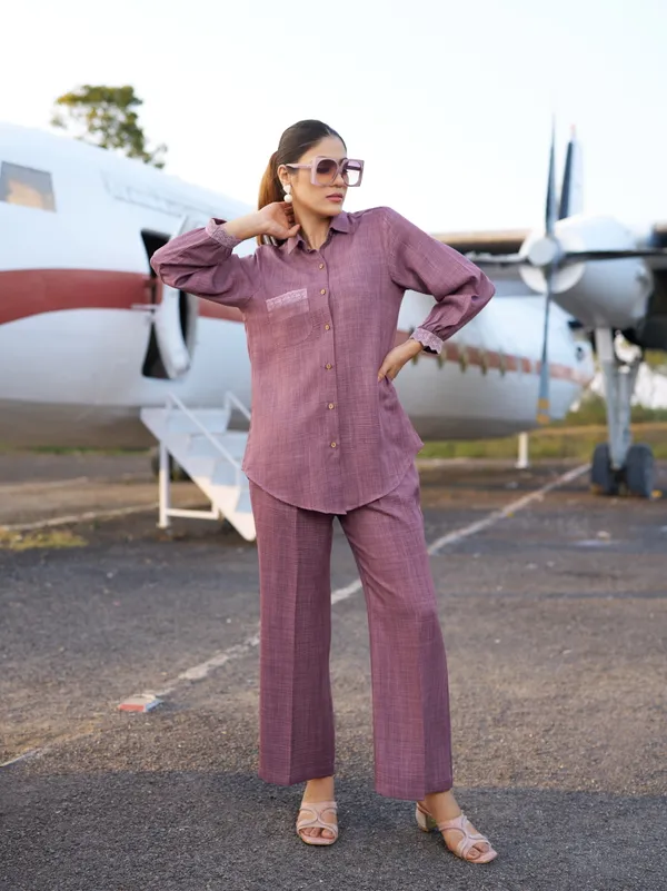 Pink_Silk_Blend_Shirt_Collar_Three-Quarter_Sleeves_Solid_Co-Ords_For_Women