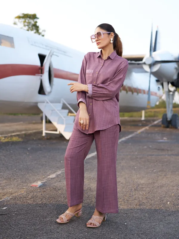 Pink_Silk_Blend_Shirt_Collar_Three-Quarter_Sleeves_Solid_Co-Ords_For_Women