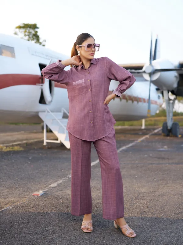 Pink_Pure_Silk_Shirt_Collar_Three-Quarter_Sleeves_Self_Design_Co-Ords_For_Women