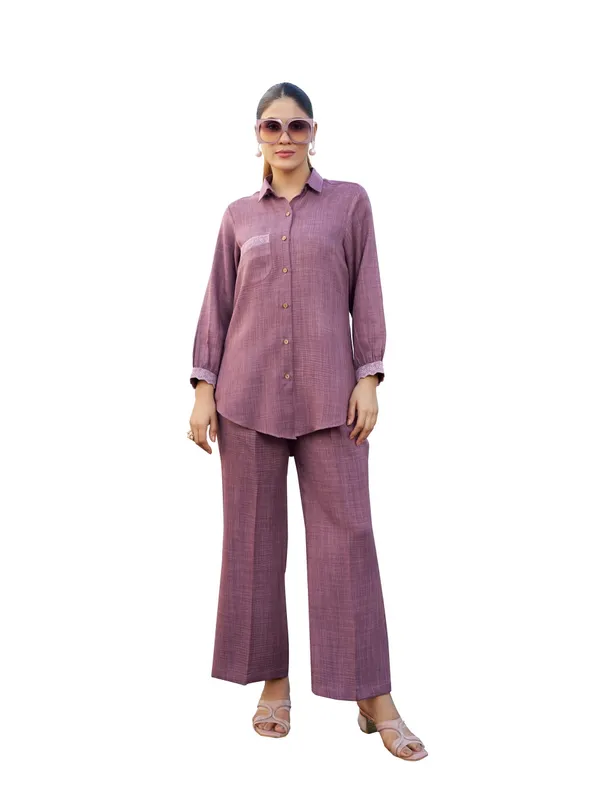 Pink_Pure_Silk_Shirt_Collar_Three-Quarter_Sleeves_Self_Design_Co-Ords_For_Women