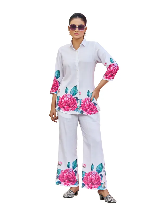 White_Viscose_Rayon_Shirt_Collar_Three-Quarter_Sleeves_Printed_Co-Ords_For_Women