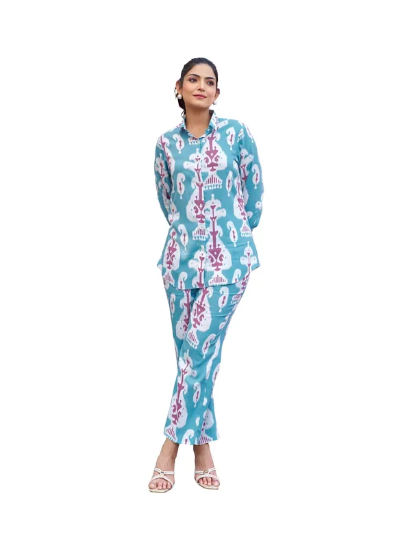 Blue_Viscose_Rayon_Shirt_Collar_Three-Quarter_Sleeves_Printed_Co-Ords_For_Women
