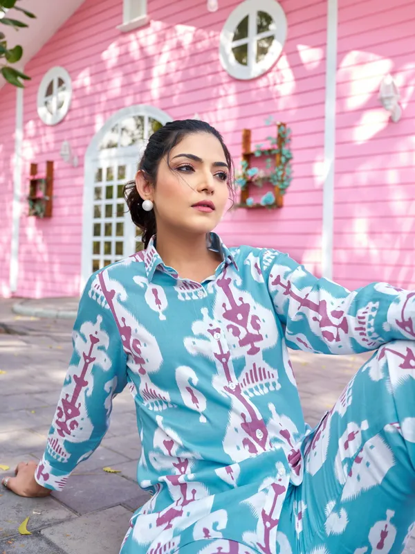 Blue_Viscose_Rayon_Shirt_Collar_Three-Quarter_Sleeves_Printed_Co-Ords_For_Women