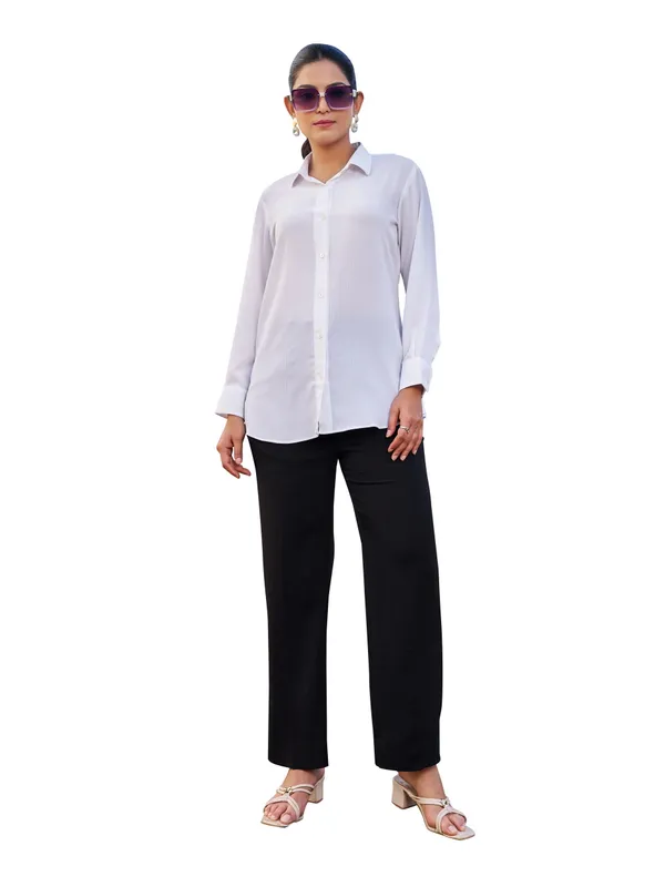 White_Pure_Silk_Shirt_Collar_Three-Quarter_Sleeves_Solid_Co-Ords_For_Women