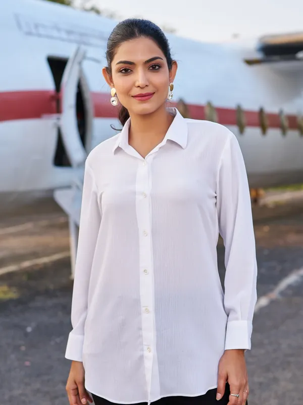 White_Pure_Silk_Shirt_Collar_Three-Quarter_Sleeves_Solid_Co-Ords_For_Women