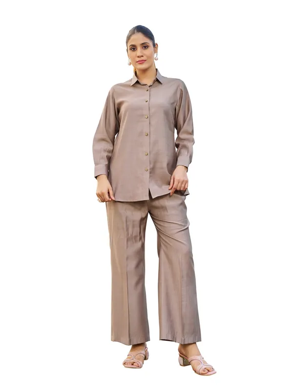 Beige_Pure_Silk_Shirt_Collar_Three-Quarter_Sleeves_Self_Design_Co-Ords_For_Women