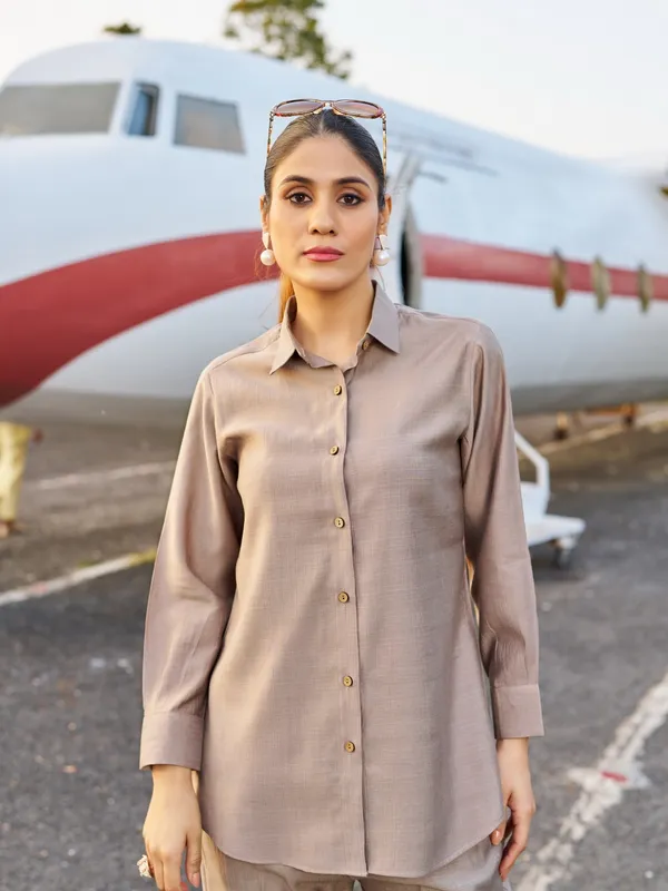 Beige_Pure_Silk_Shirt_Collar_Three-Quarter_Sleeves_Self_Design_Co-Ords_For_Women