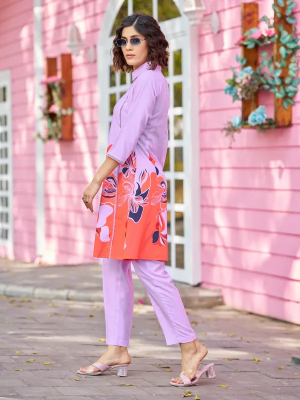 Purple_Viscose_Rayon_Shirt_Collar_Three-Quarter_Sleeves_Printed_Co-Ords_For_Women