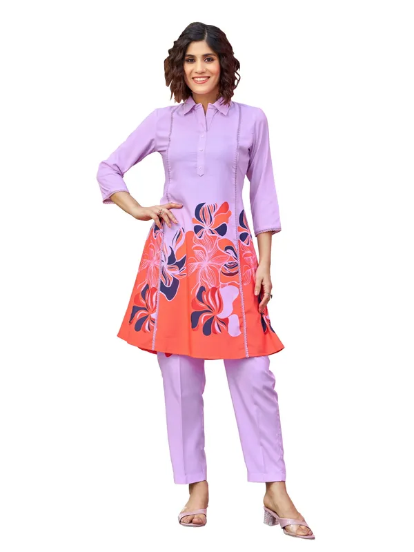 Purple_Viscose_Rayon_Shirt_Collar_Three-Quarter_Sleeves_Printed_Co-Ords_For_Women