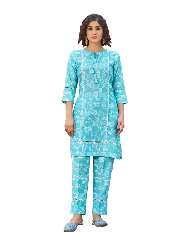 Blue_Viscose_Rayon_Round_Neck_Three-Quarter_Sleeves_Printed_Co-Ords_For_Women