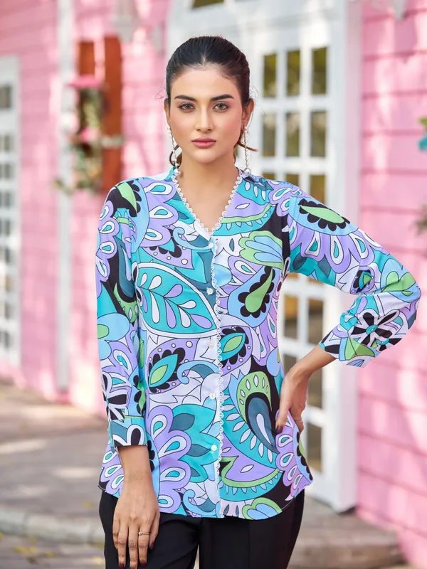Multicolor_Viscose_Rayon_V-Neck_Three-Quarter_Sleeves_Printed_Co-Ords_For_Women